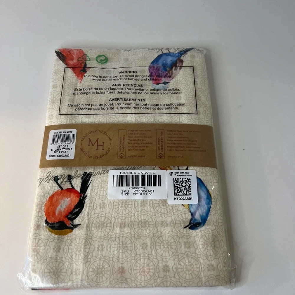Maison d'Hermine Birdies On Wire‎ Kitchen Towel Set  of 2 Cotton 20 x 27.5